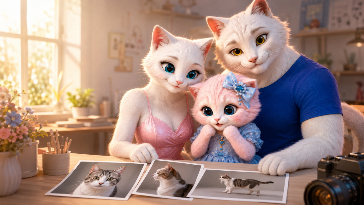The Fluffy Fam reviewing clear front, side and full-body cat reference photos