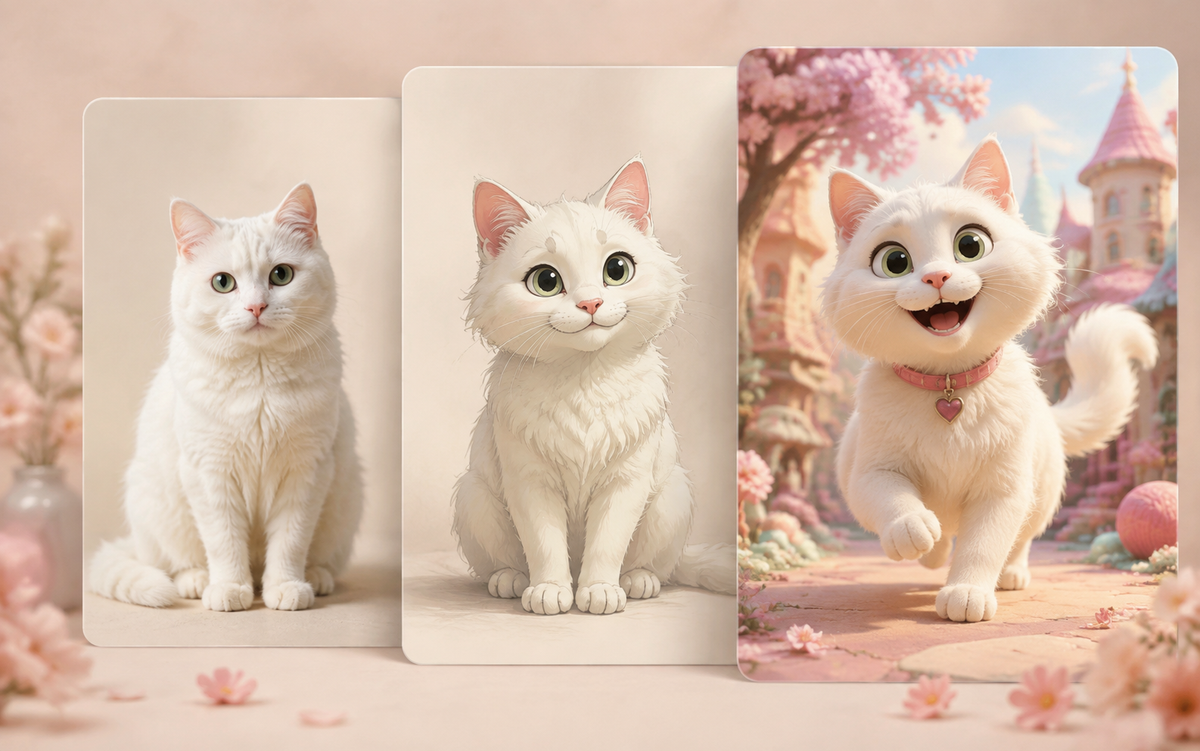 A real white cat reference becoming a recognizable animated story character