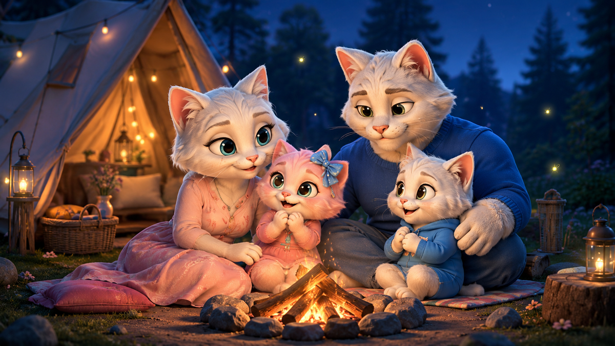 The Fluffy Fam sharing a warm story together around a campfire