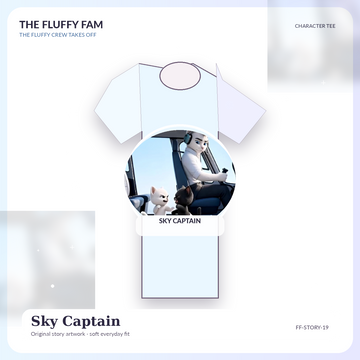 Sky Captain story art on a Fluffy Fam tee
