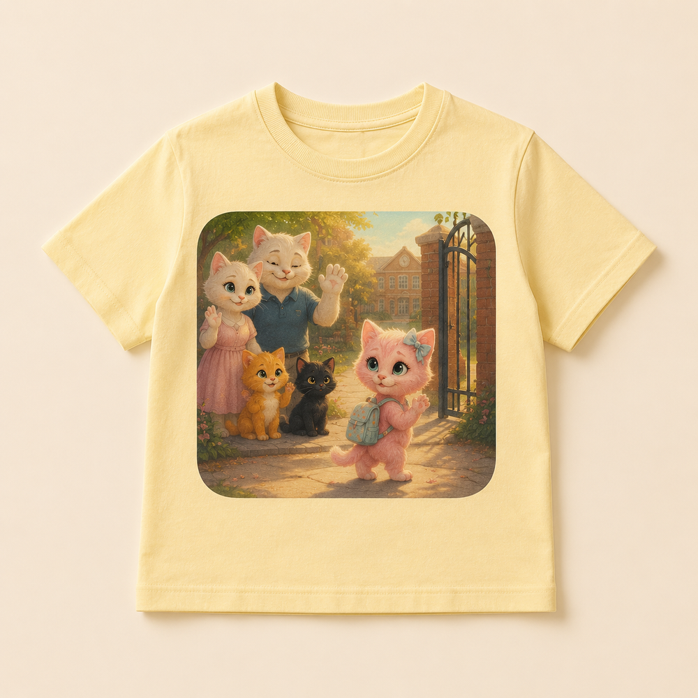 Butter yellow kids T-shirt featuring the Fluffy Fam waving as Pink Kitten takes a brave step through the school gate