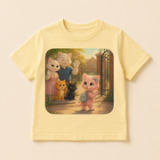 Butter yellow kids T-shirt featuring the Fluffy Fam waving as Pink Kitten takes a brave step through the school gate