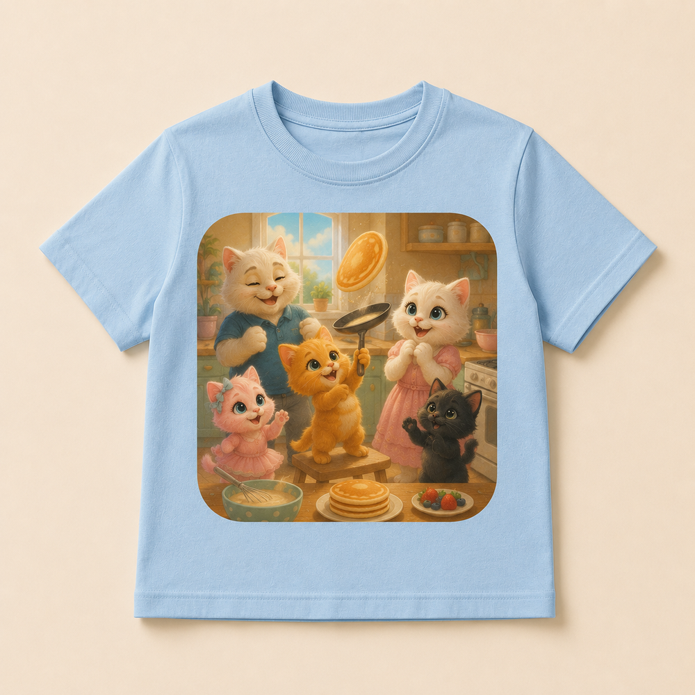 Pancake Flip Champion Kids T-Shirt featuring original Little Movie Moments artwork by The Fluffy Fam