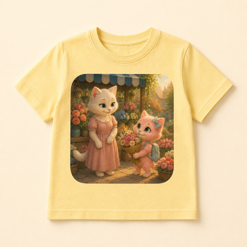 Flower Market Helper Kids T-Shirt featuring original Little Movie Moments artwork by The Fluffy Fam