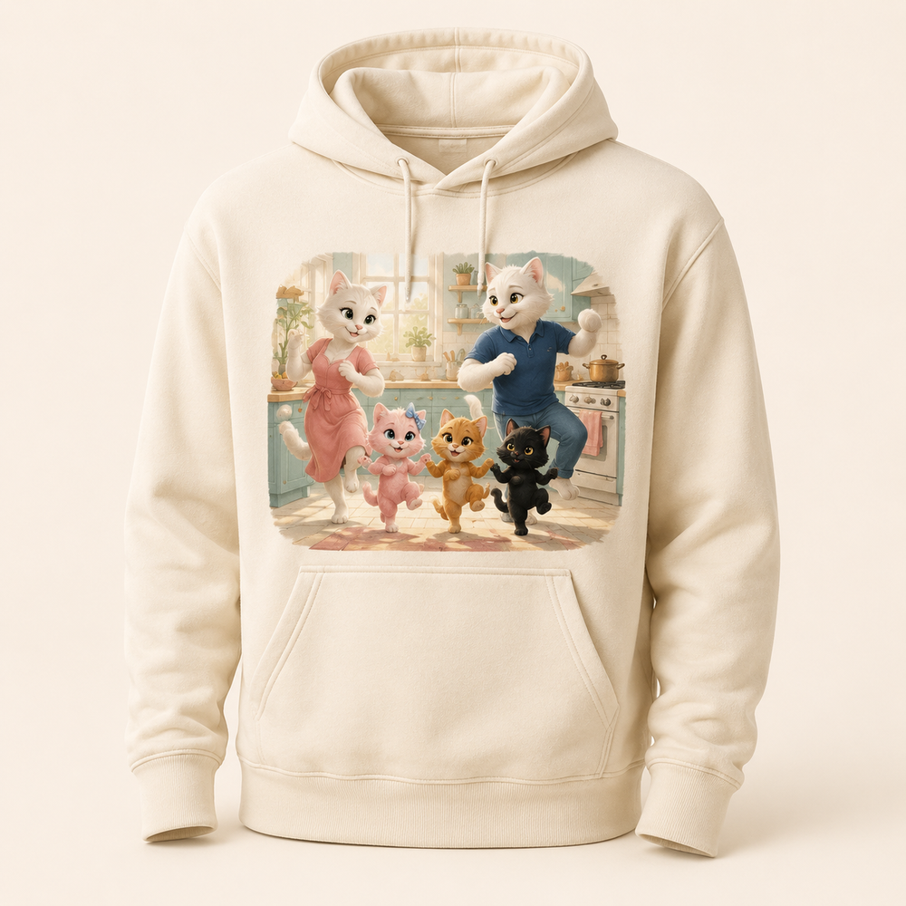 Cream pullover hoodie with Mom and Dad Cat dancing in the kitchen while the three kittens copy them