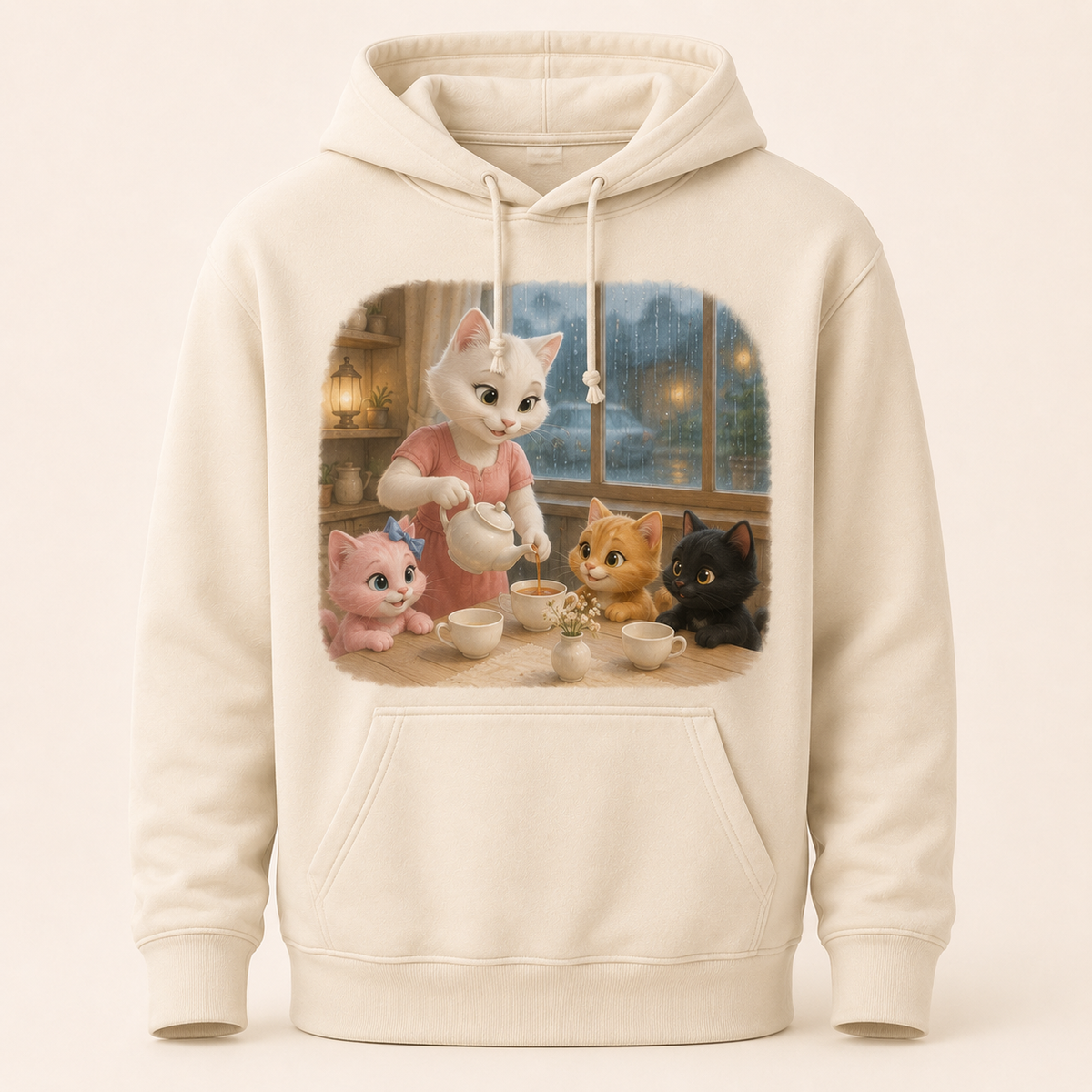Rainy Day Tea Pullover Hoodie featuring original Little Movie Moments artwork by The Fluffy Fam