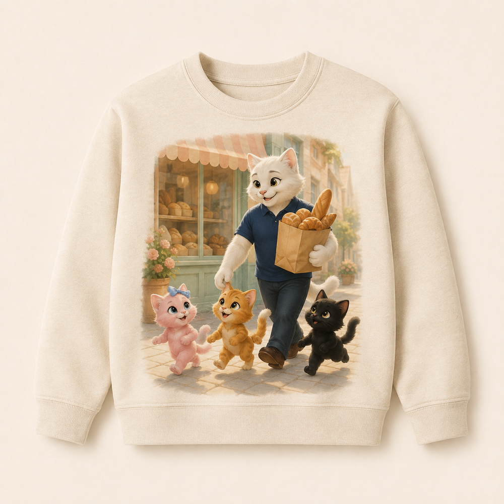 Saturday Bakery Run Crewneck Sweatshirt featuring original Little Movie Moments artwork by The Fluffy Fam