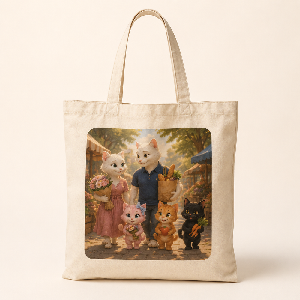 Natural canvas tote with the whole Fluffy Fam carrying flowers, bread and colorful farmers market produce