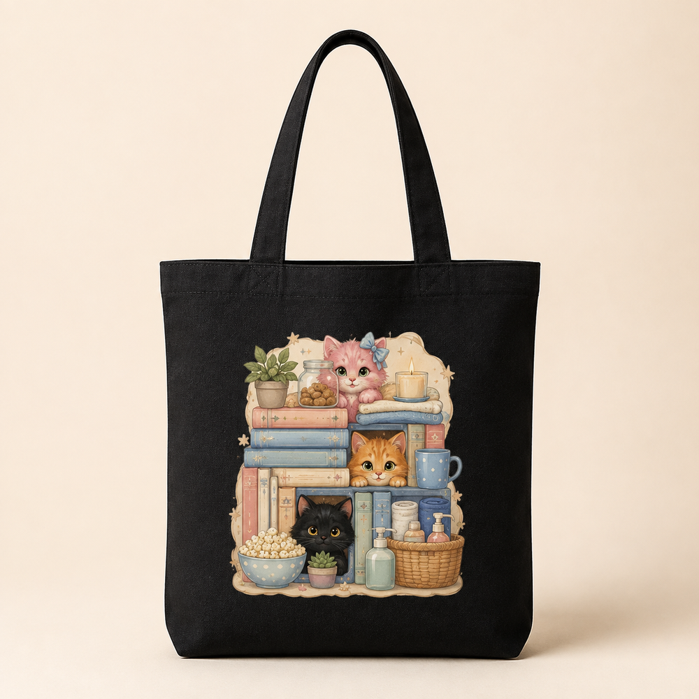 Black canvas tote with books, treats, household essentials and three kitten cameos
