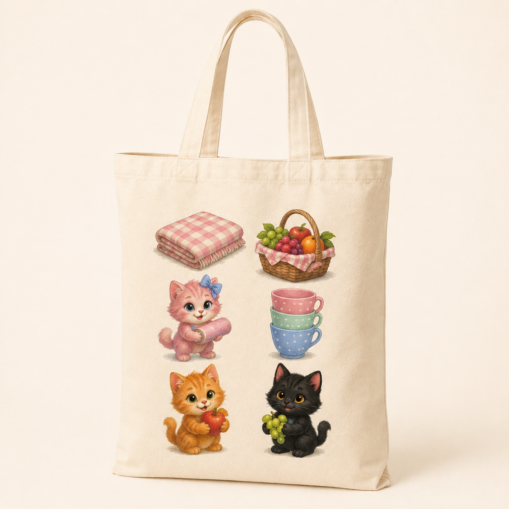 Natural canvas tote with a visual picnic checklist of a blanket, fruit, cup and three kitten helpers