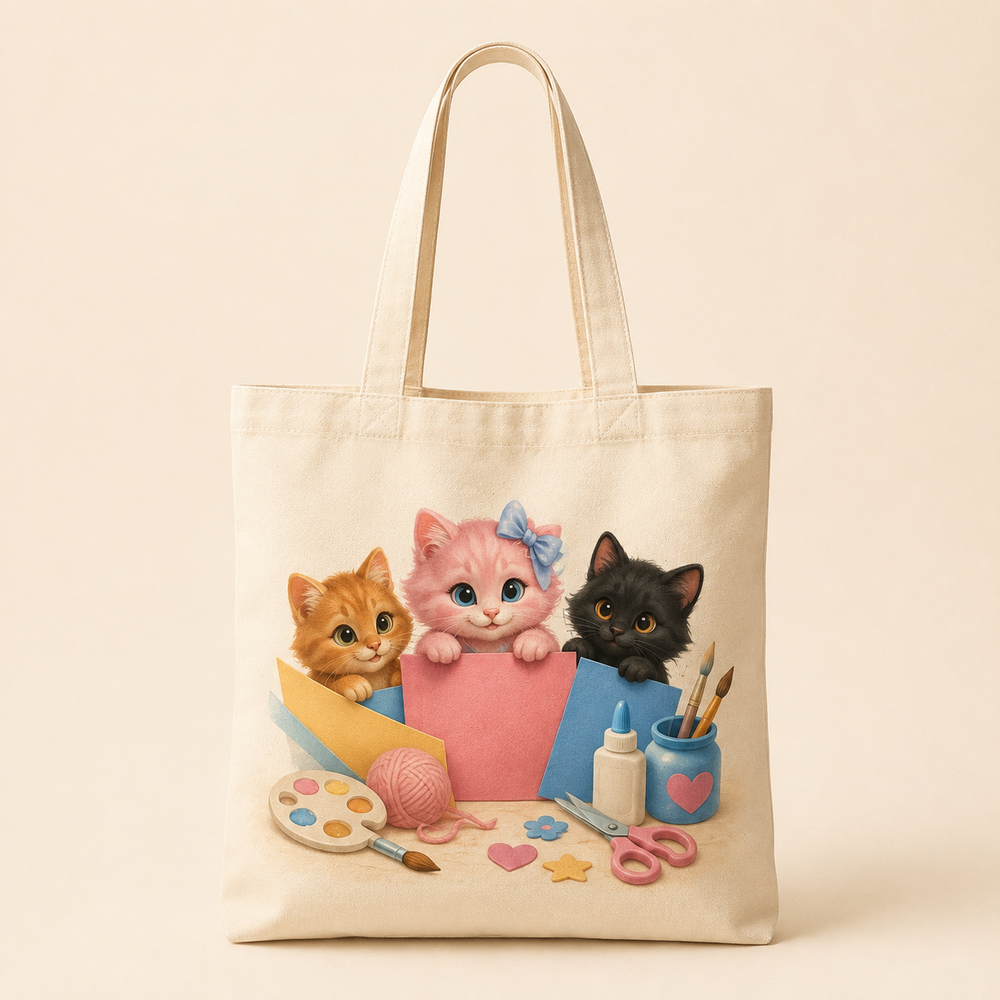 Natural canvas tote with three kittens peeking between colorful paper, brushes, yarn and craft supplies