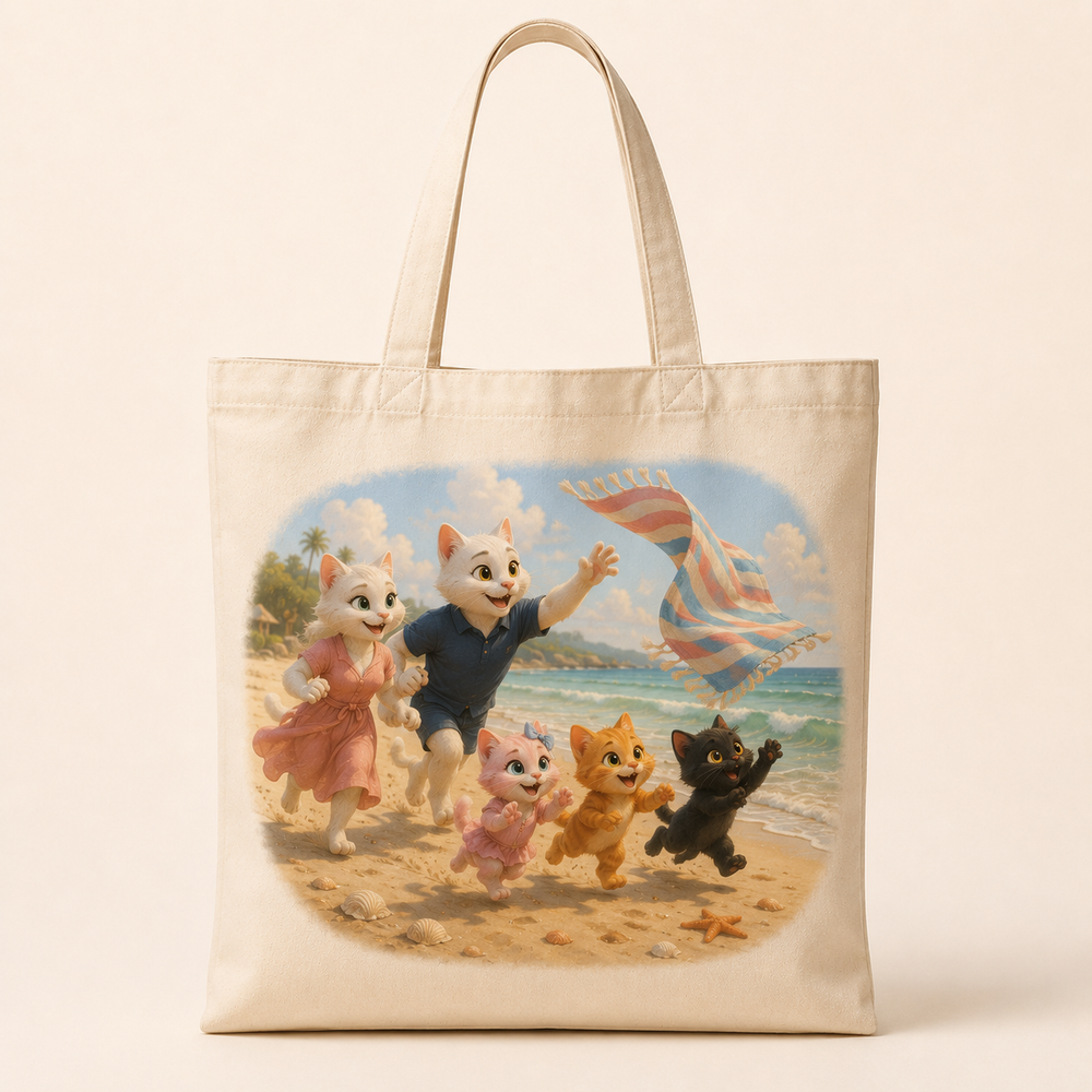 Beach Towel Rescue Canvas Tote Bag featuring original Little Movie Moments artwork by The Fluffy Fam