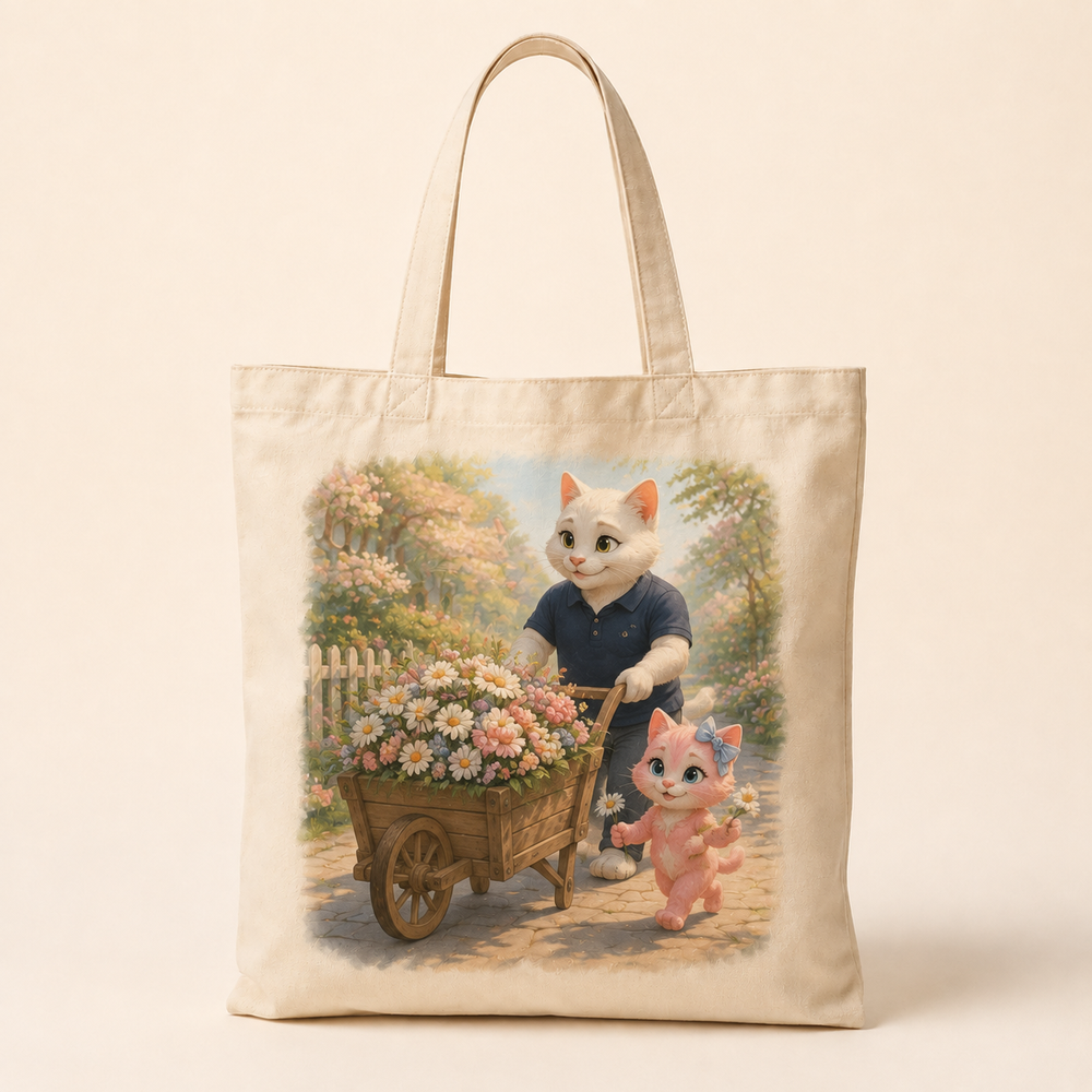 Flower Cart Stroll Canvas Tote Bag featuring original Little Movie Moments artwork by The Fluffy Fam
