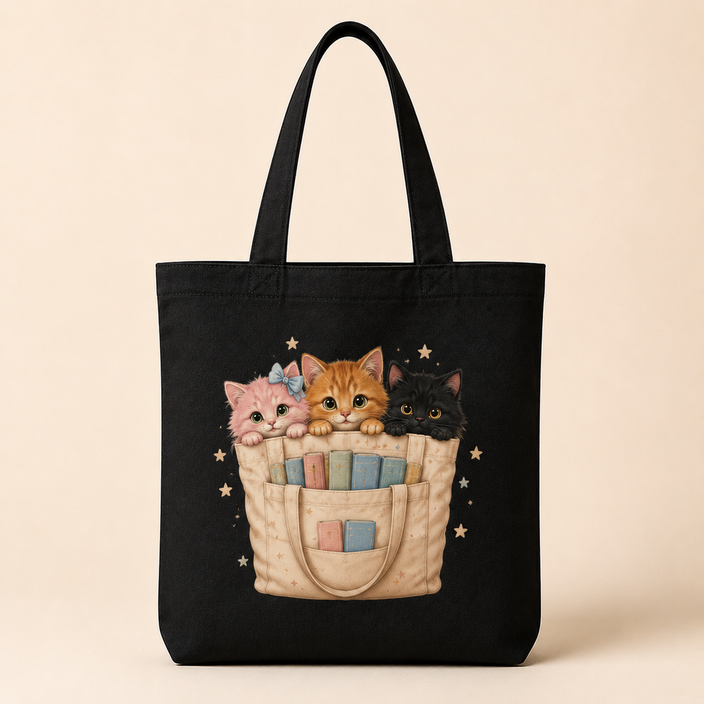 Library Cats Tote Canvas Tote Bag featuring original Little Movie Moments artwork by The Fluffy Fam