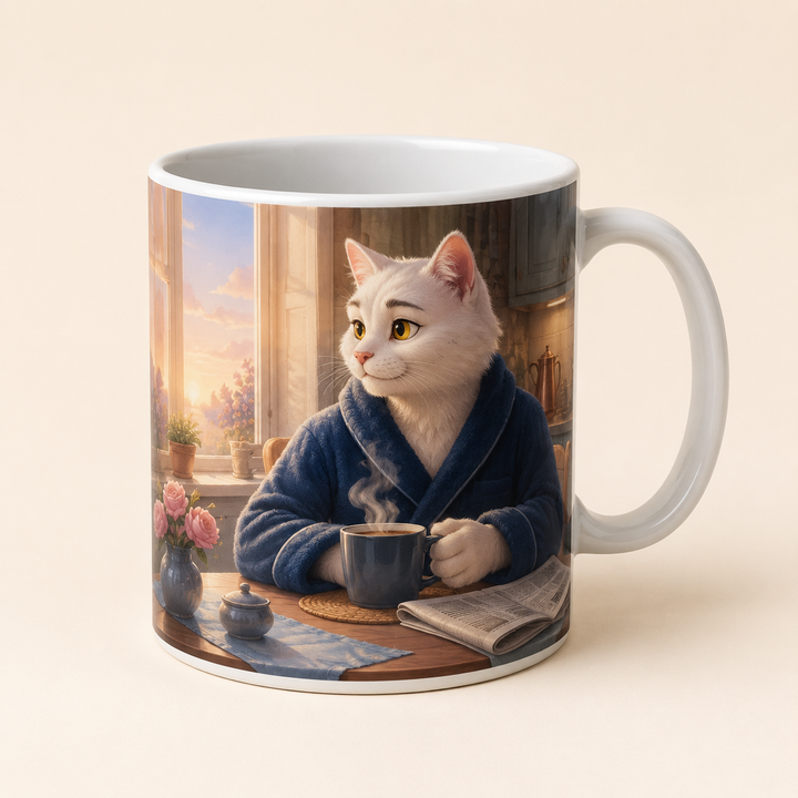 White ceramic mug with Dad Cat guarding his first morning coffee beside a folded newspaper