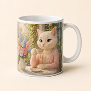 White ceramic mug with Mom Cat enjoying tea beside garden flowers