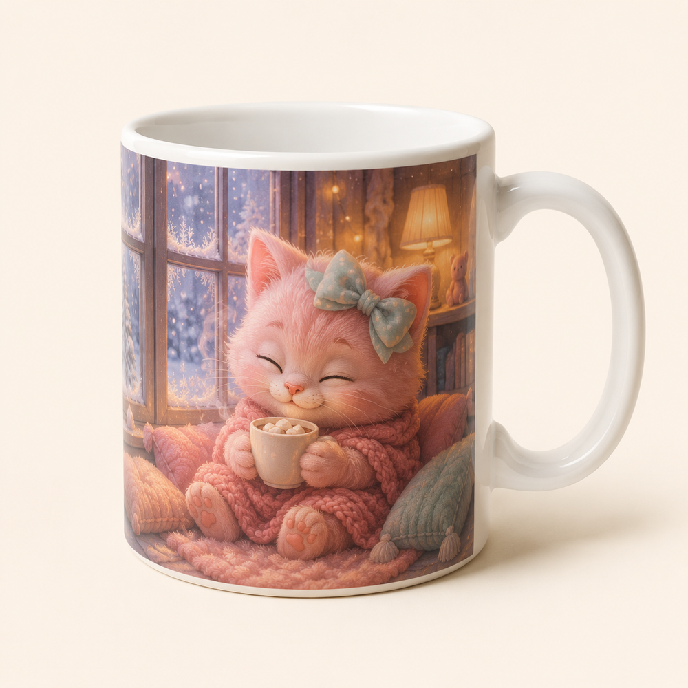 White ceramic mug with Pink Kitten warming both paws around cocoa