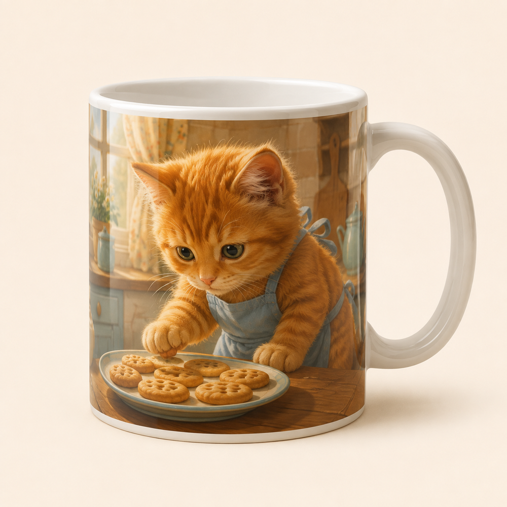 White ceramic mug with Orange Kitten seriously inspecting a plate of biscuits