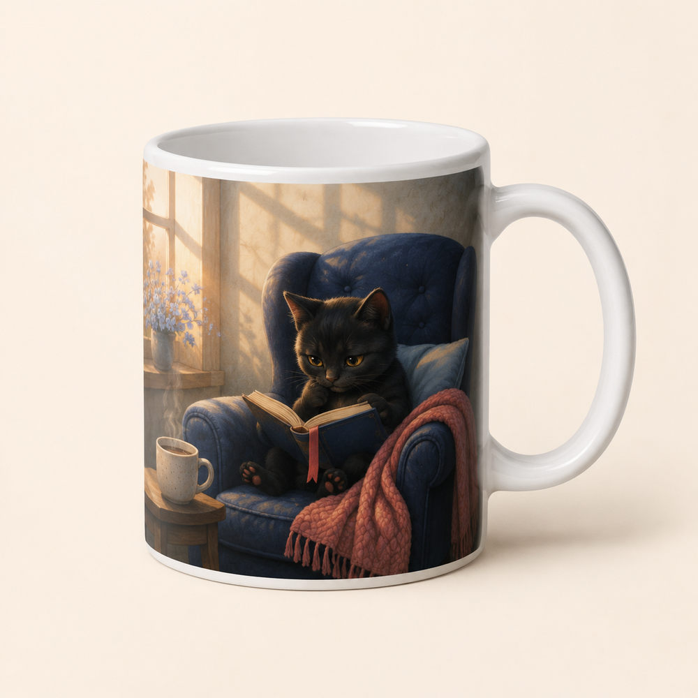 White ceramic mug with Black Kitten reading beside a warm drink in morning light