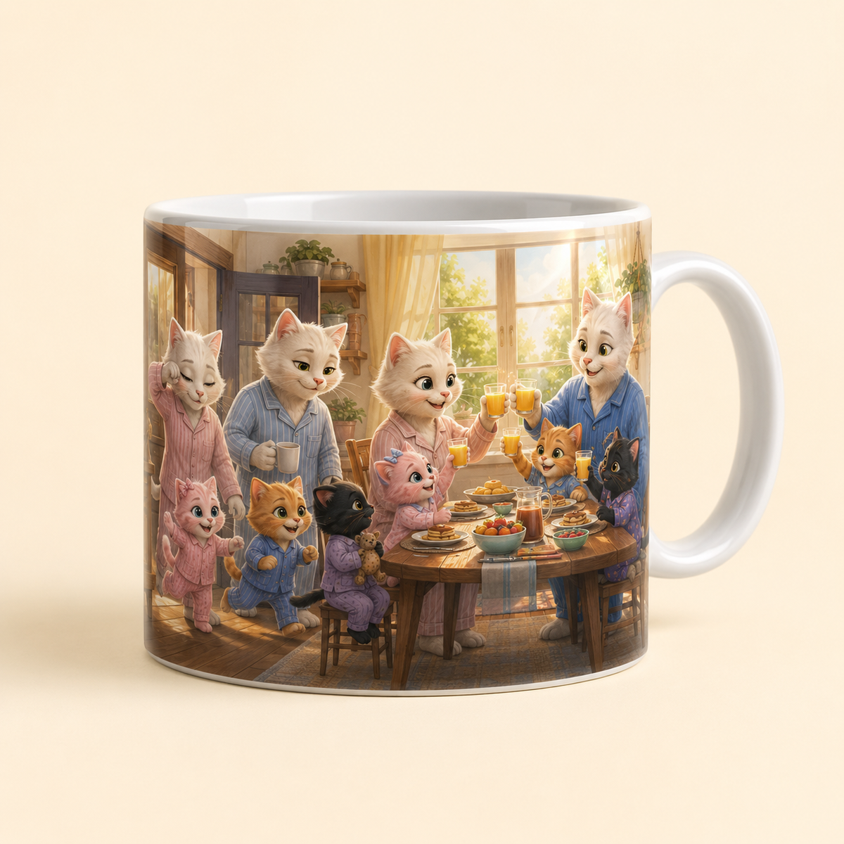 White ceramic mug with the Fluffy Fam gathering for breakfast and raising toast