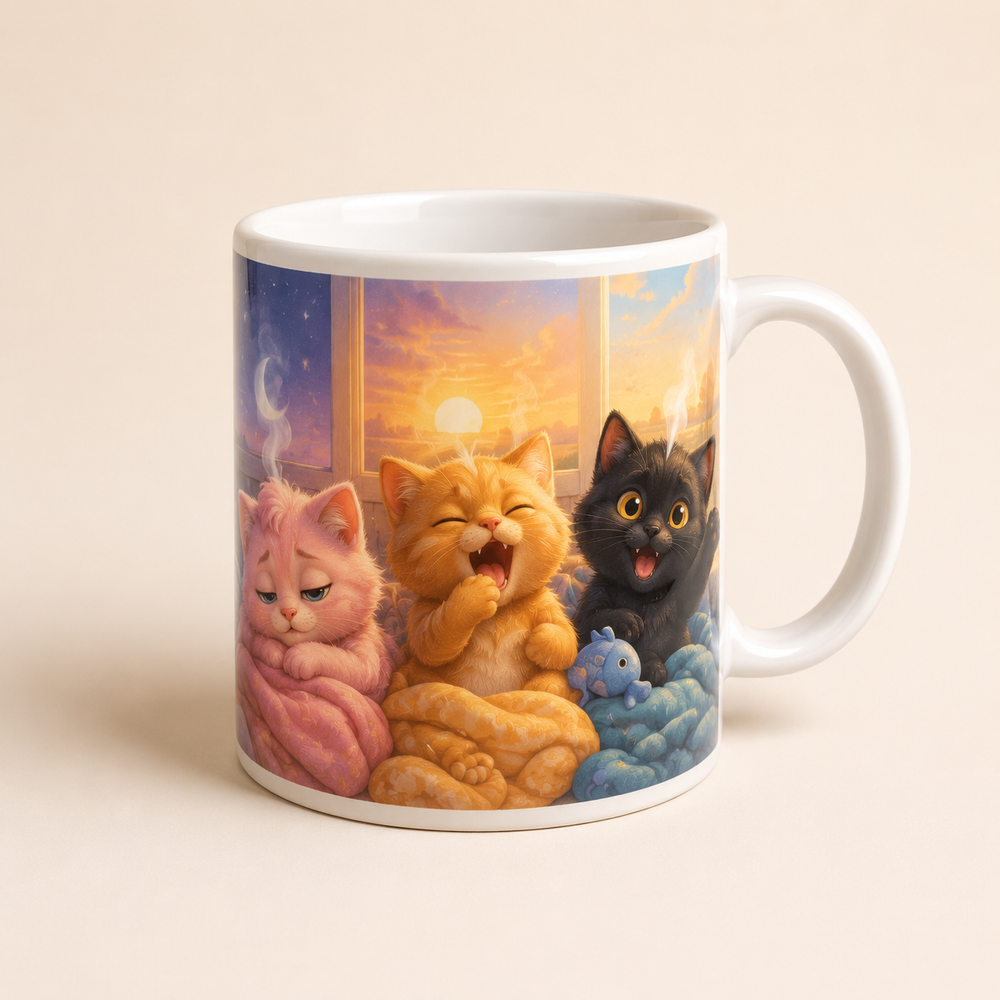 White ceramic mug with three kittens becoming increasingly awake from left to right