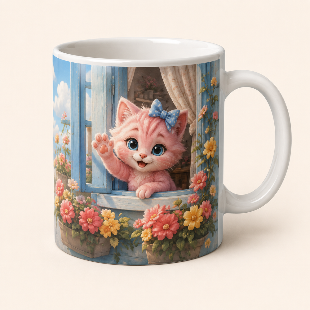 White ceramic mug with Pink Kitten waving from a flower-lined windowsill