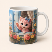 White ceramic mug with Pink Kitten waving from a flower-lined windowsill