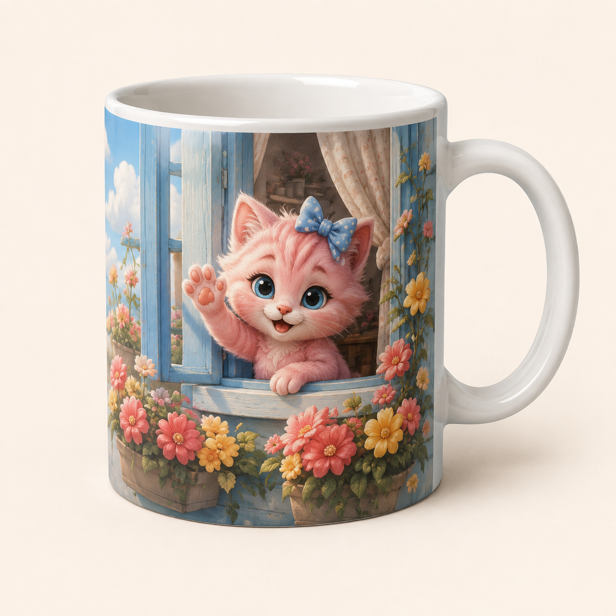 White ceramic mug with Pink Kitten waving from a flower-lined windowsill