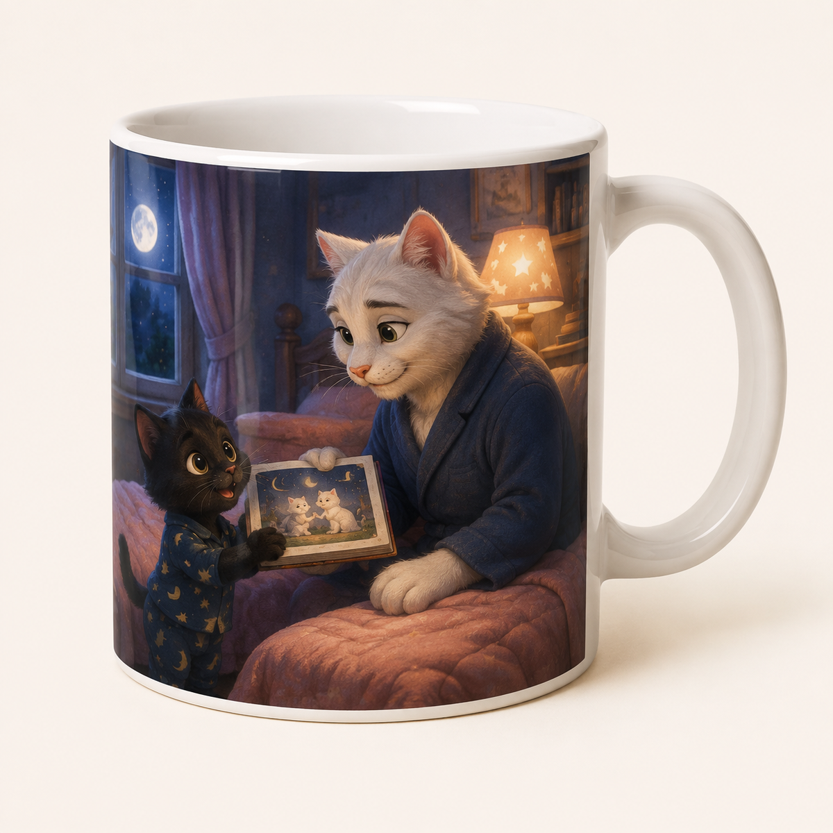 White ceramic mug with Black Kitten holding an open bedtime book toward Dad Cat