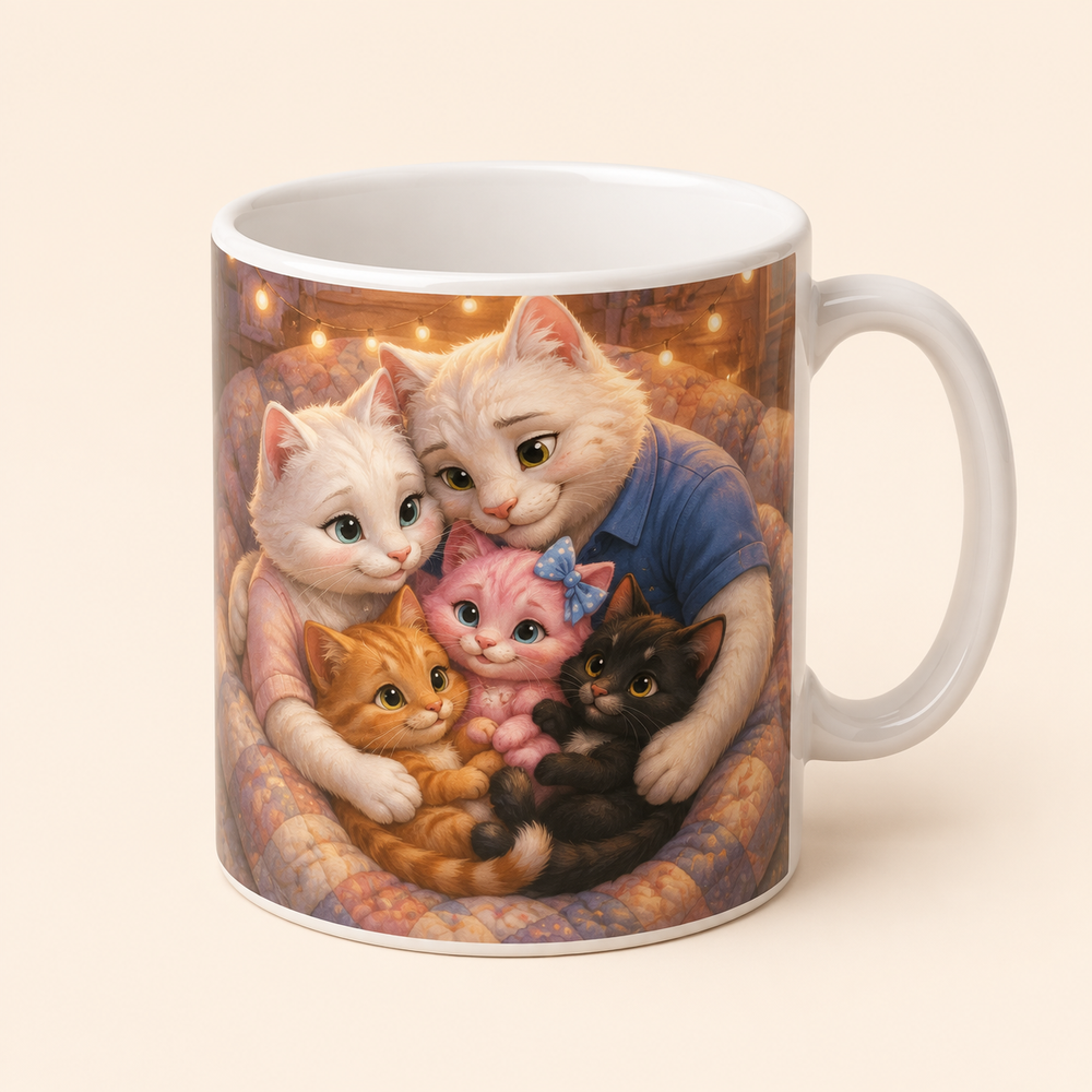 White ceramic mug with the whole Fluffy Fam curled into a gentle circular cuddle