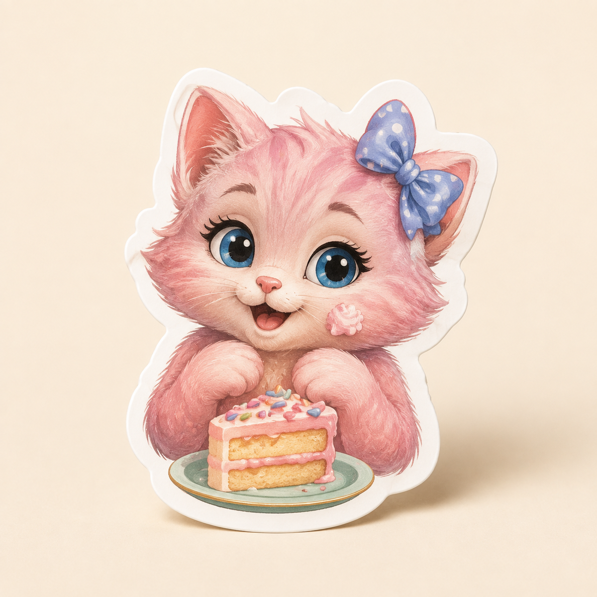 Cake Smudge Face die-cut sticker featuring Pink Kitten with birthday frosting on her cheek