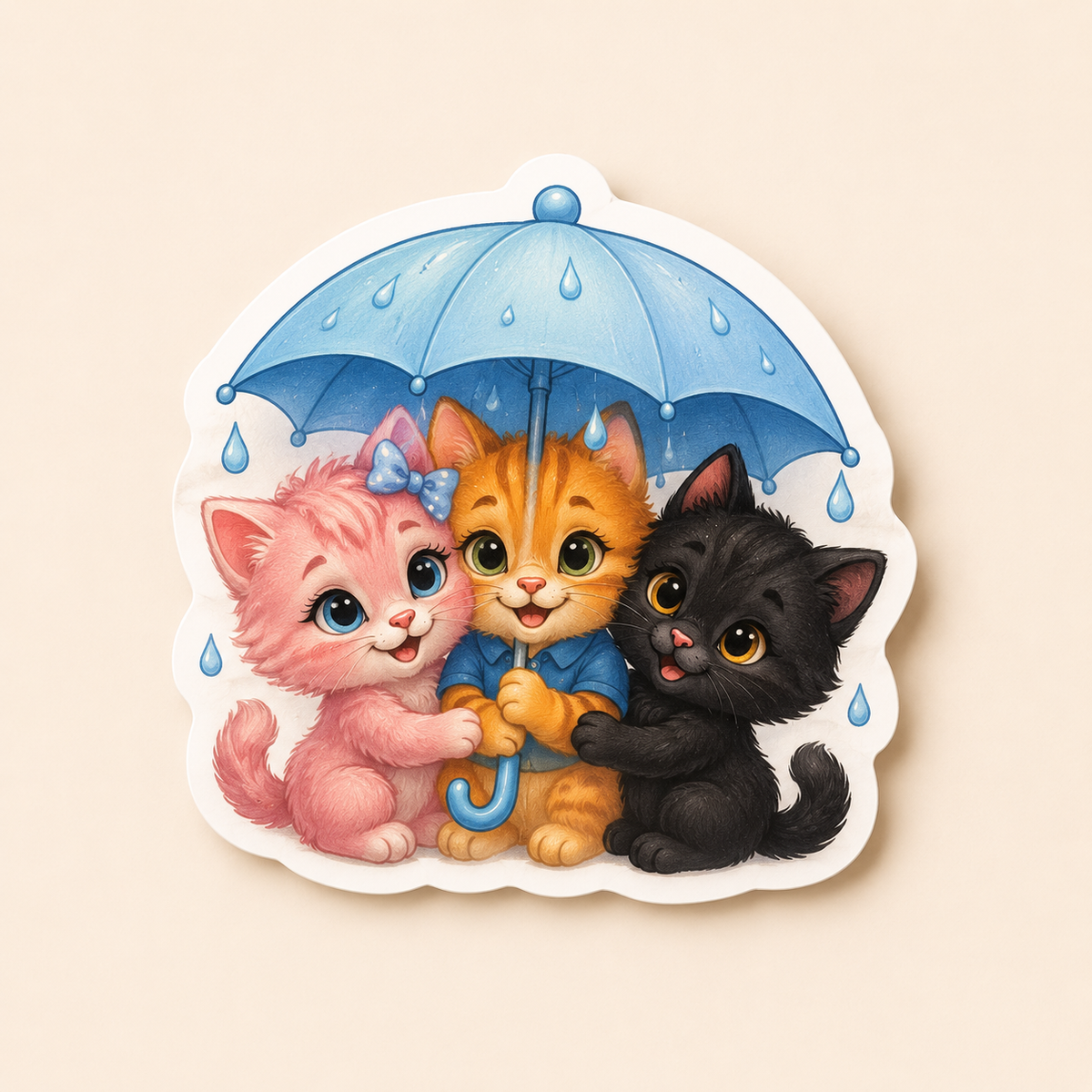 Tiny Umbrella Patrol die-cut sticker featuring three kittens sharing a blue umbrella