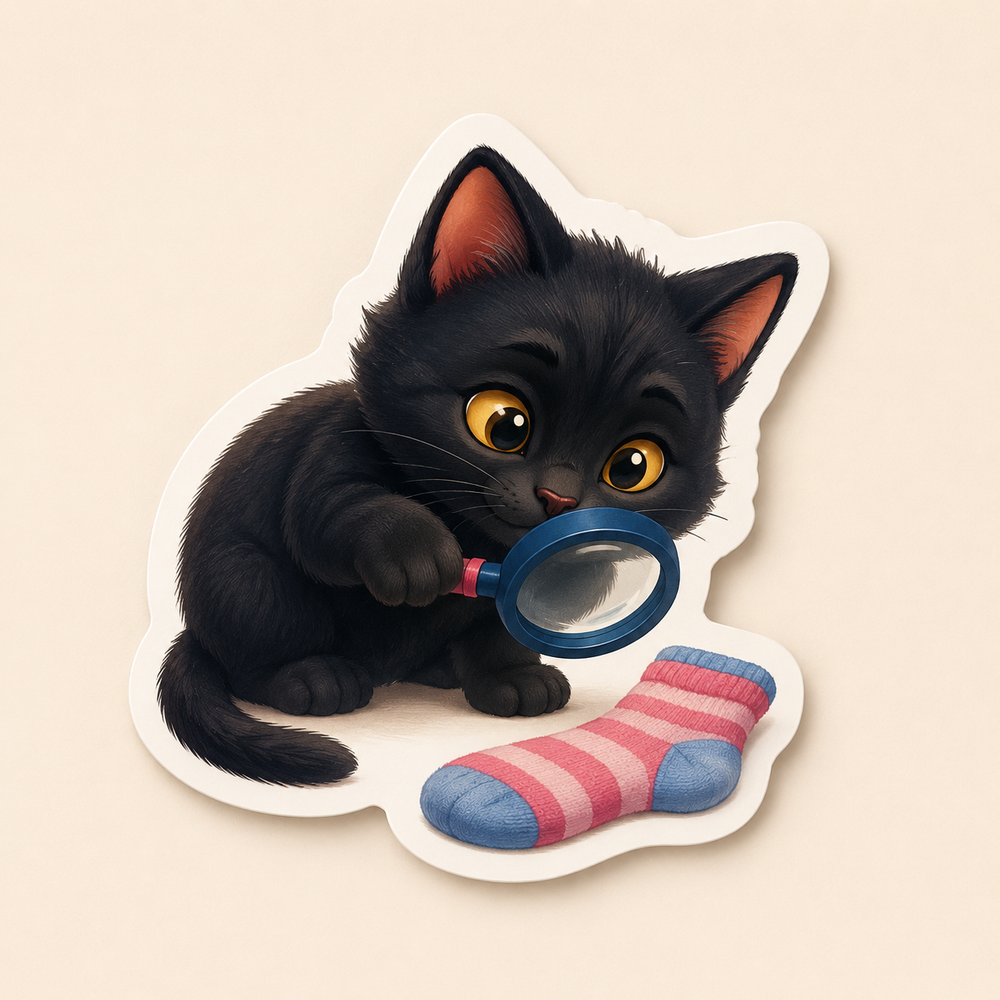 Lost Sock Detective die-cut sticker featuring Black Kitten inspecting a striped sock