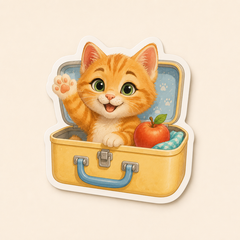 Lunchbox Surprise die-cut sticker featuring Orange Kitten waving from an open lunchbox