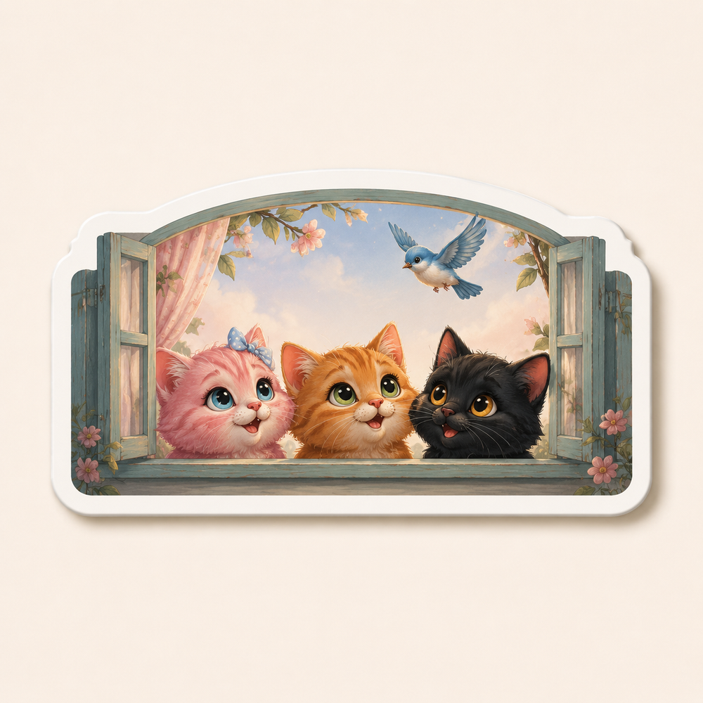 Window Bird Committee die-cut sticker featuring three kittens watching one passing bird