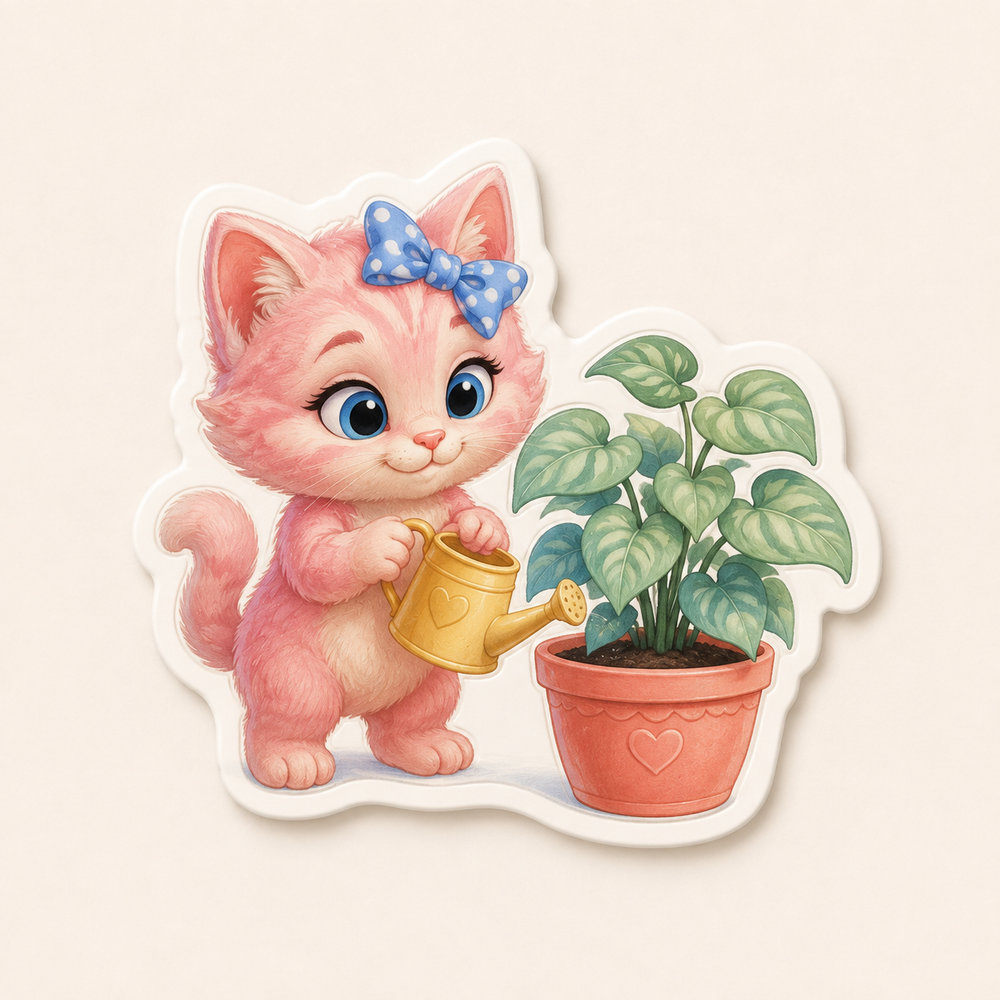 Plant Pot Helper die-cut sticker featuring Pink Kitten watering a leafy houseplant