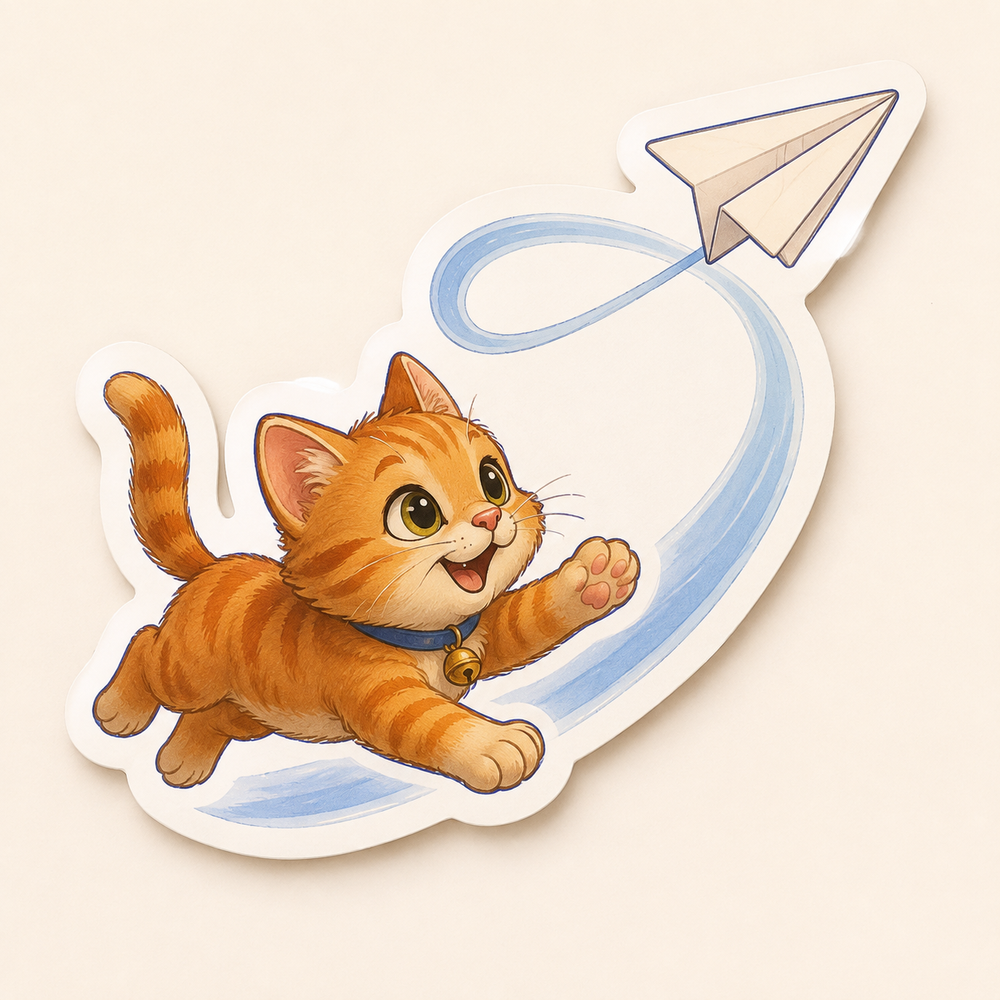 Paper Plane Chase die-cut sticker featuring Orange Kitten bounding after one paper plane