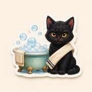 Bubble Bath Lifeguard die-cut sticker featuring Black Kitten in a towel sash beside a tub