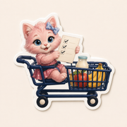 Shopping Cart Copilot die-cut sticker featuring Pink Kitten holding a checklist in a cart