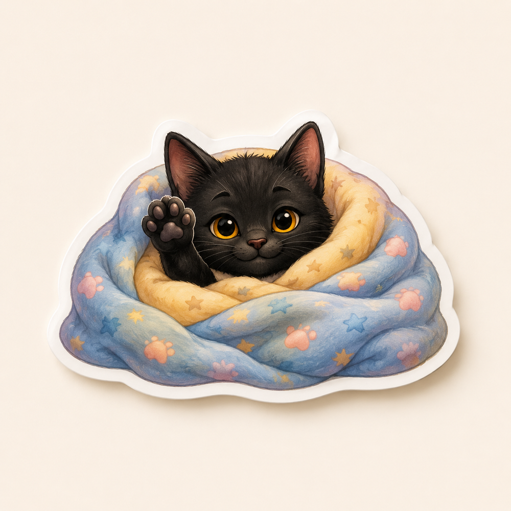 Goodnight Paw Wave die-cut sticker featuring Black Kitten waving from a cozy blanket