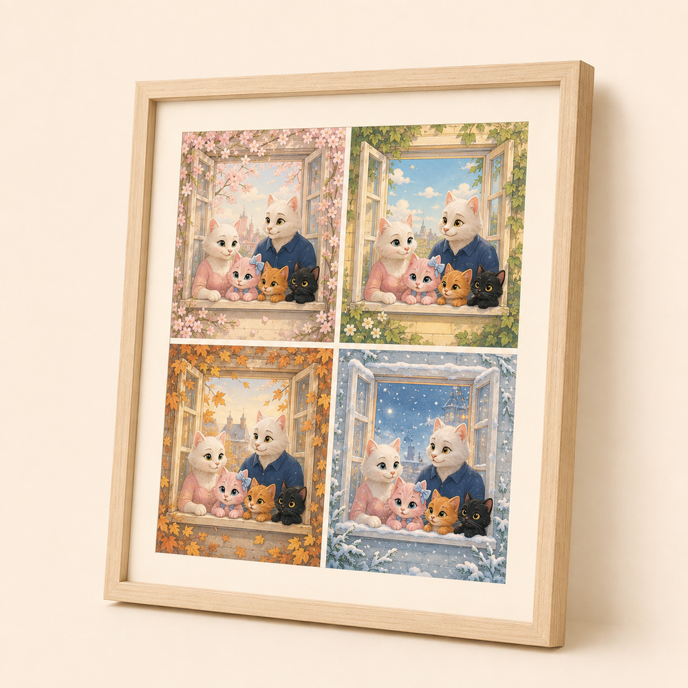 Oak-framed art print showing the Fluffy Fam at the same window in spring, summer, autumn and winter