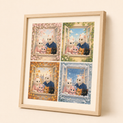 Oak-framed art print showing the Fluffy Fam at the same window in spring, summer, autumn and winter