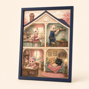 Deep navy framed art print with four connected rooms and simultaneous Fluffy Fam moments