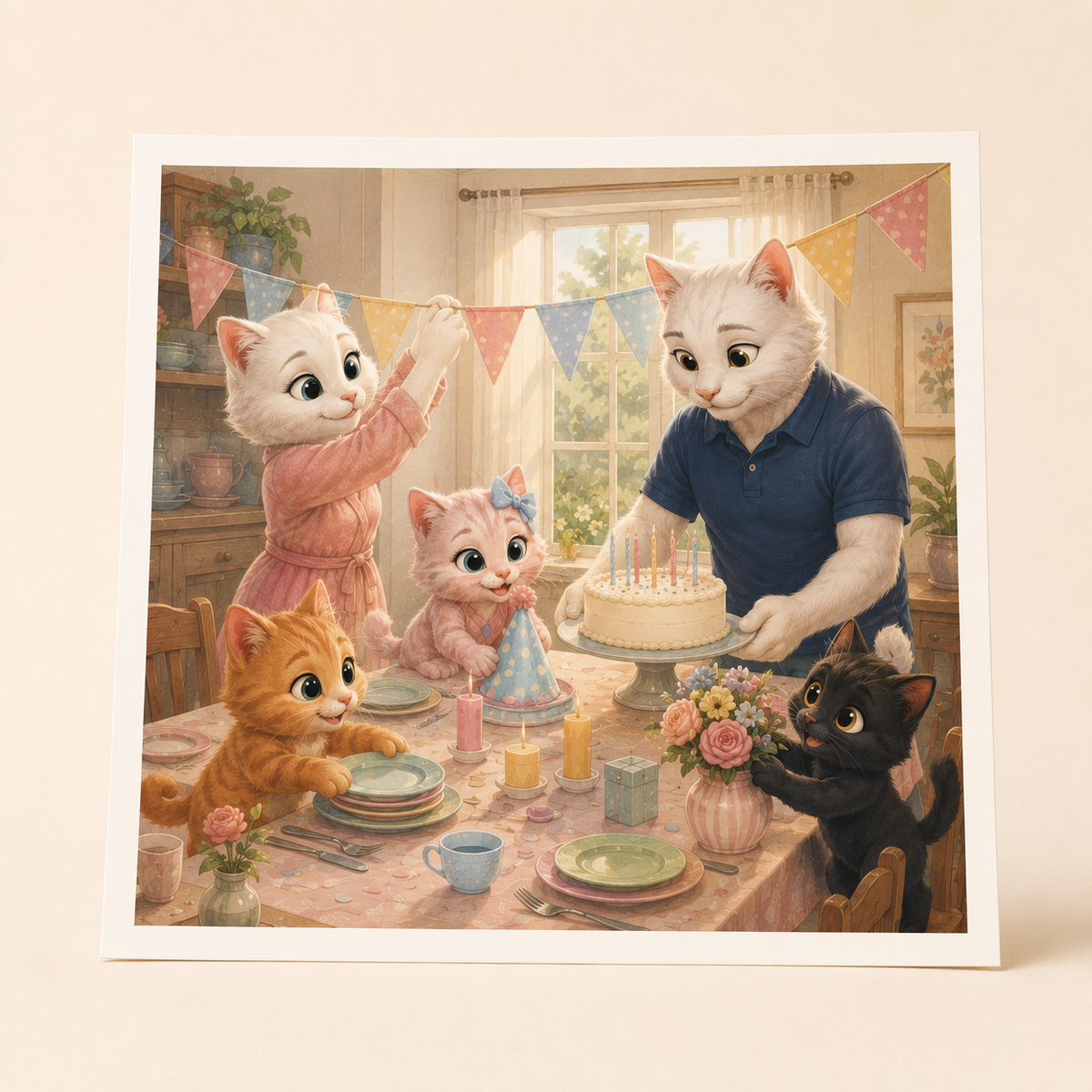 Birthday Table Before Guests Arrive Art Print featuring original Little Movie Moments artwork by The Fluffy Fam