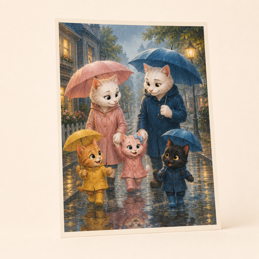 Rainy Street Walk Art Print featuring original Little Movie Moments artwork by The Fluffy Fam