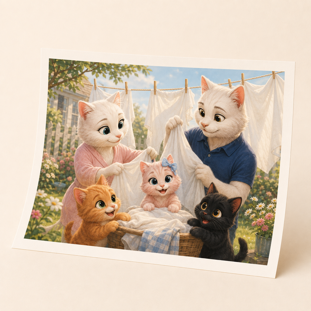 Sunday Laundry Garden Art Print featuring original Little Movie Moments artwork by The Fluffy Fam