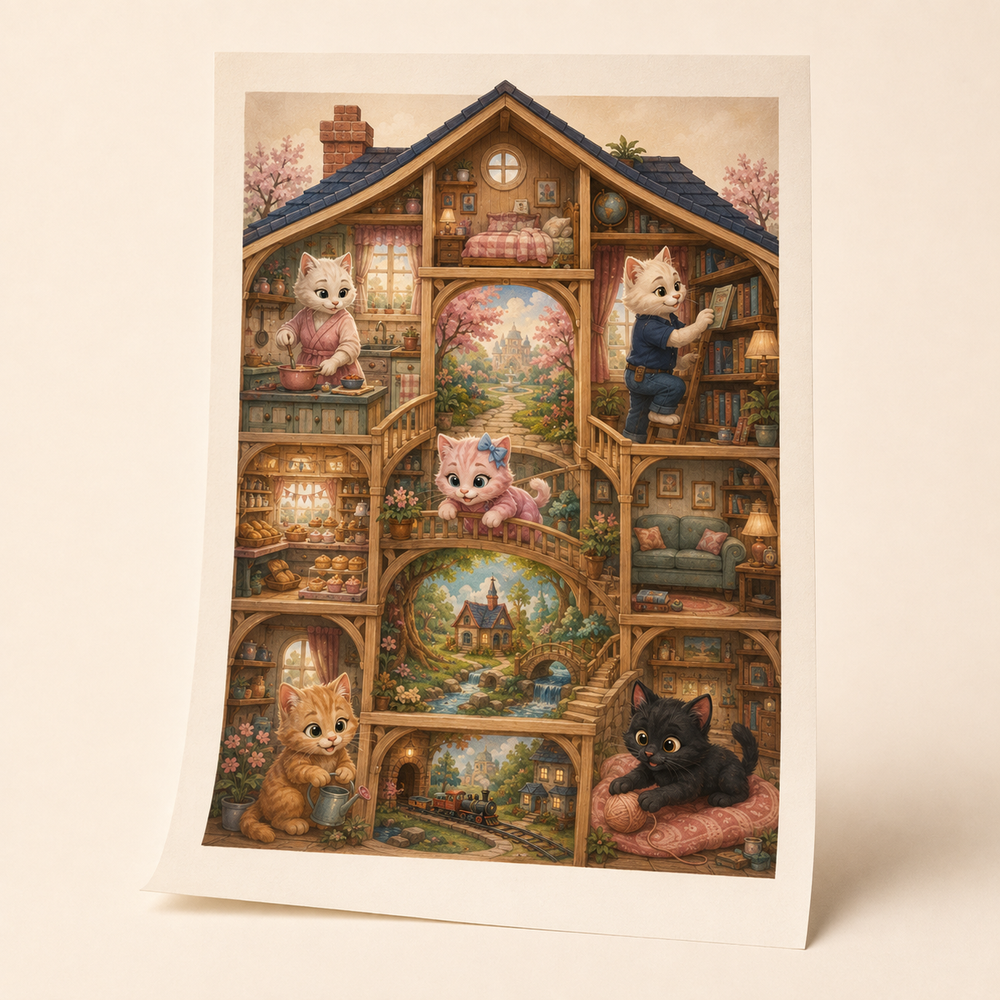 Storybook Shelf Map Art Print featuring original Little Movie Moments artwork by The Fluffy Fam