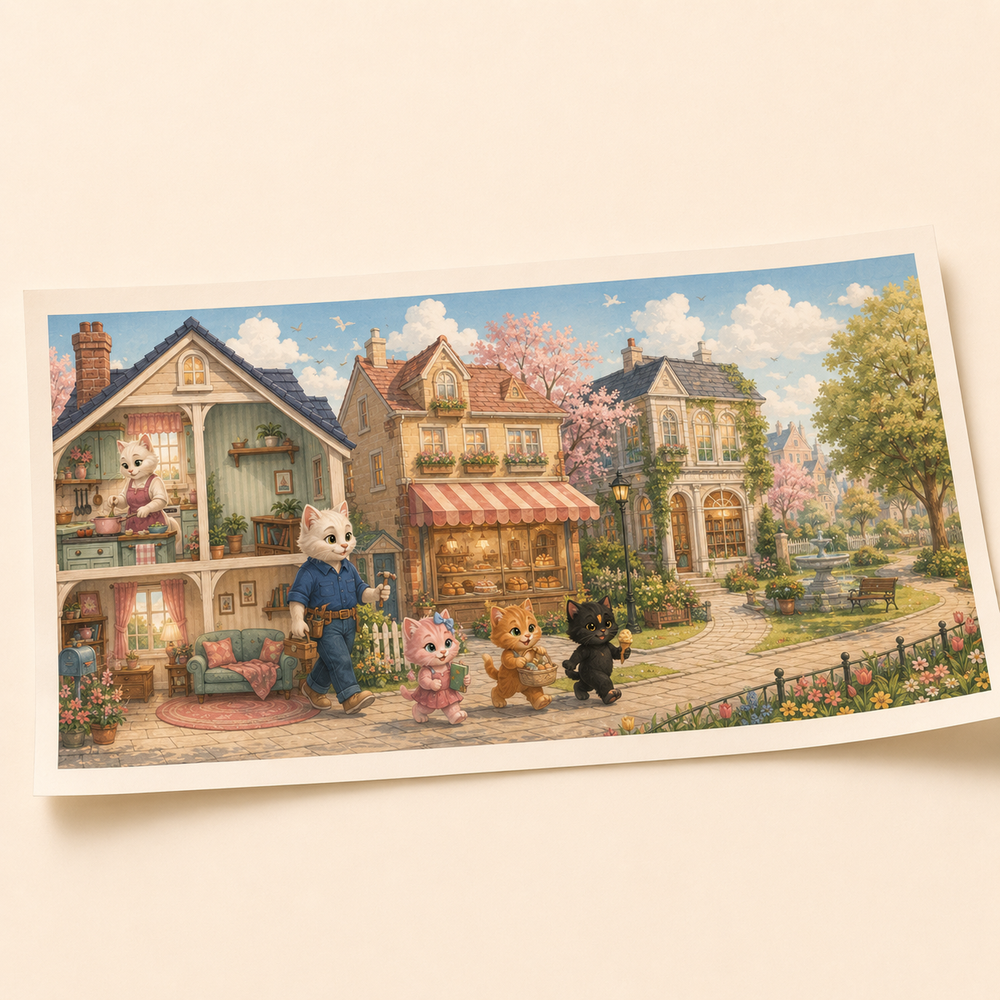 The Fluffy Fam Neighborhood Art Print featuring original Little Movie Moments artwork by The Fluffy Fam