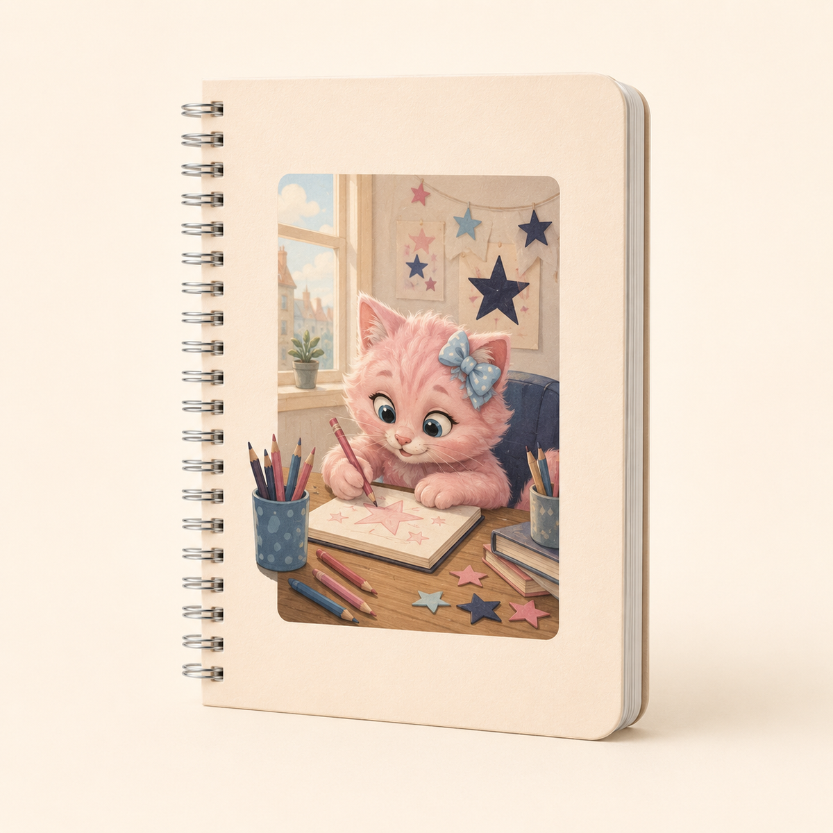 Cream spiral notebook with Pink Kitten sketching at a tidy desk among pencils and paper stars