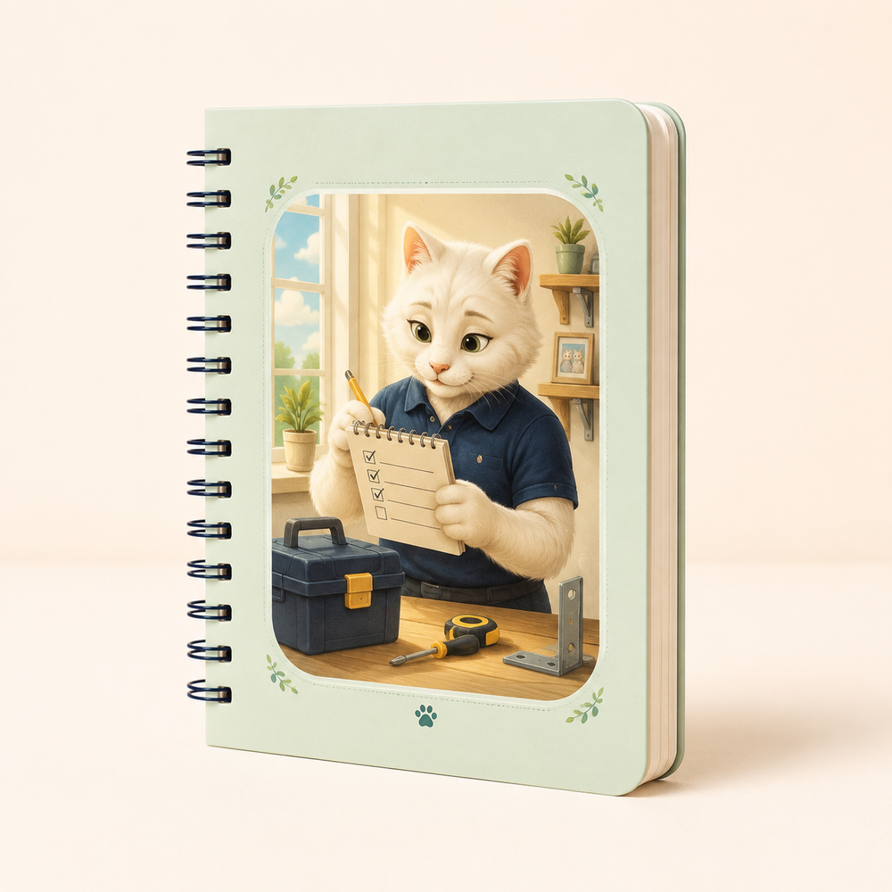 Mint spiral notebook with Dad Cat checking a household repair list beside a toolbox